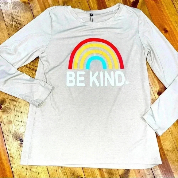 ININ “Be Kind” long sleeve, taupe, rainbow tee NWT - Picture 1 of 7